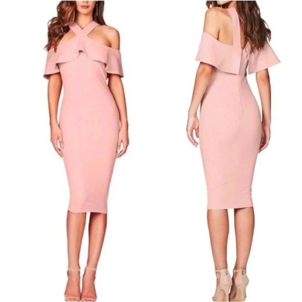 NWT Nookie Women's Size Small Pink Hermosa Off Shoulder Elegant Midi Dress